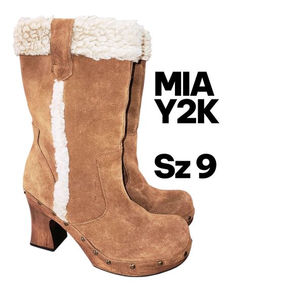 MIA Sz9 Y2K Tan Suede Faux Shearling Trim Retro Boho Hippie Wood Heel Clog Boots - Picture 11 of 11
